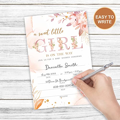 Baby Shower Invitation Cards With Envelopes, Flush Pink Boho Floral Baby Gender Reveal Party Supplies, Baby Shower Decorations For Girl, Invites for Baby Showers and Parties – Pack of 25(YQK-042)
