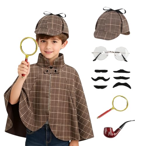 maxToonrain Costume de Détective pour Enfants, Costumes d'Halloween, Cape Victorienne Deluxe Amusante pour Garçons/Filles (Marron/50CM)
