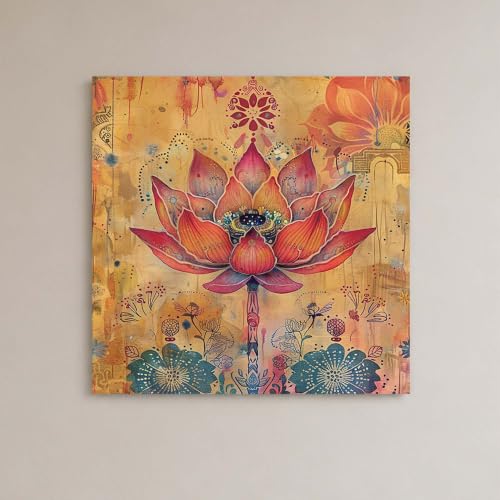 Image of PAINTINGMANTRA Floral Lotus Artwork Stretched Canvas Painting for Living Room | Botanical Lotus Pattern Wall Decor Art For Livingroom, Bedroom, Office, Hallways - 22x22 Inch