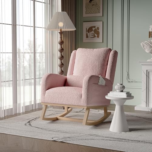 Sillón mecedora, sillones de salón mecedora, sillón de lectura con bolsillos de almacenamiento en ambos lados, Rocking Chair con patas de madera maciza, 96 x 94 x 70 cm, terciopelo Teddy, rosa