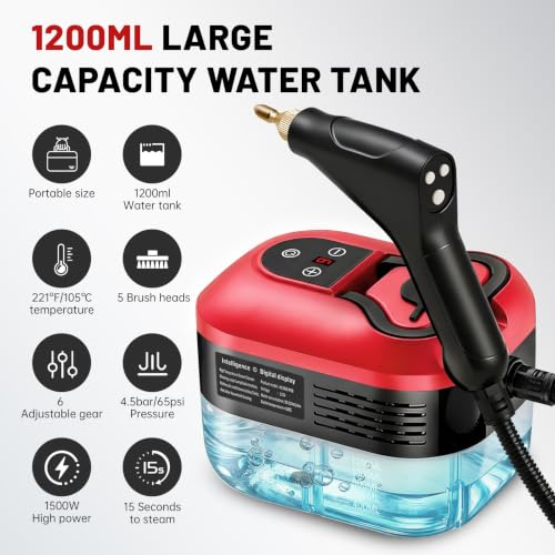 Image of Steam Cleaner, 6-Level Adjustable Steamer for Cleaning for Home, Car | Powerful 1500w, 15s Heat-Up, 1.2l Large Tank, High Temp Pressurized Steam Cleaner for Home, Car, Kithen, Furniture,Tile Grout