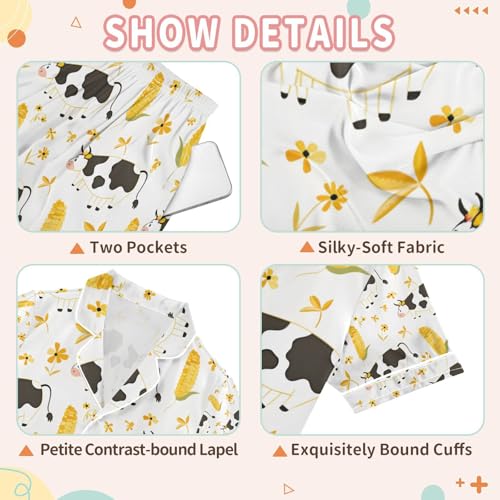 senya Cute Cow Corn Satin Summer Pajama Sets Silk Short Sleeve Button Down Sleepwear3