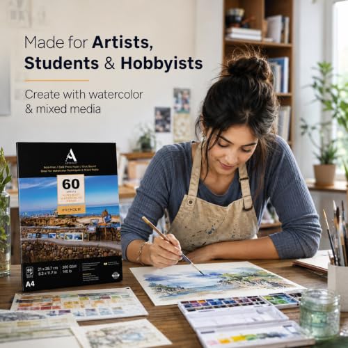 Image of ArtRight Artists' Watercolor Paper A4 300 GSM - 60 Sheets of Handmade Rough Grain Water Colour Papers for Watercolour, Acrylic, Gouache, Ink & Mixed Media
