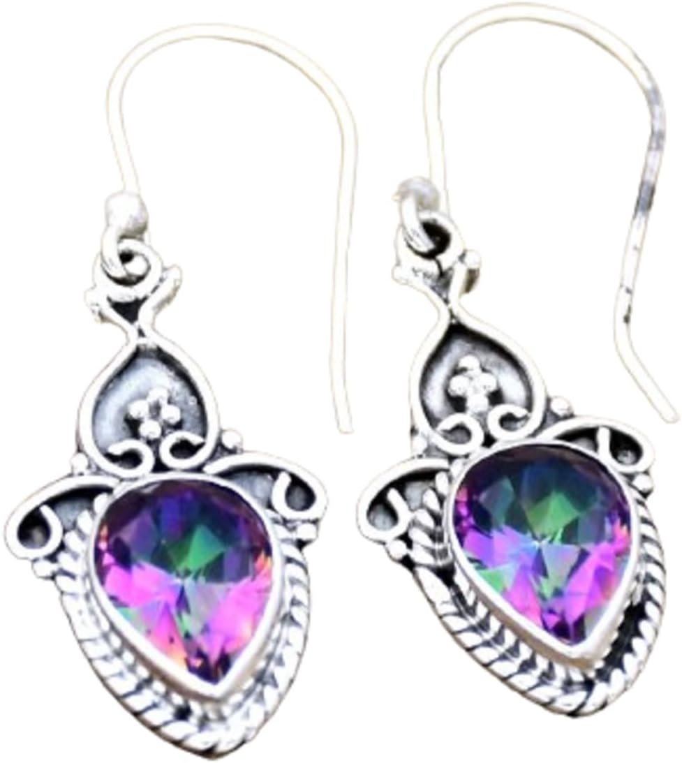 Natural Mystic Topaz Earrings-Handmade Silver Earrings-925 Sterling Silver-Teardrop Mystic Earrings-Wedding Gift-Gemstone Earrings-Drop Dangle Earrings, Boho Statement Earrings, Valentine's Day Gift