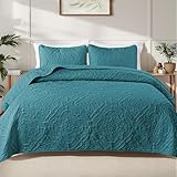 Exclusivo Mezcla Quilts Queen Size Bedding Set with 2 Pillow Shams, Lightweight Dusty Teal Full Queen Quilt Bedspread with Vintage Damask Pattern, Soft Bedspreads Coverlets for All Seasons