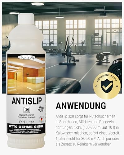 Lorito Antislip Rutschhemmer 328 1L - Anti-Rutsch-Flüssigkeit für Fliesen, Laminat, Parkett, Marmor, Granit, Sporthallen, Sportböden, PVC, Gummi, Linoleum & Polyolefin