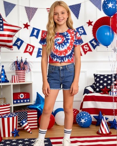 Image of DDSOL Girls July 4th Crop Tops Patriotic Shirt Short Sleeve Tshirts