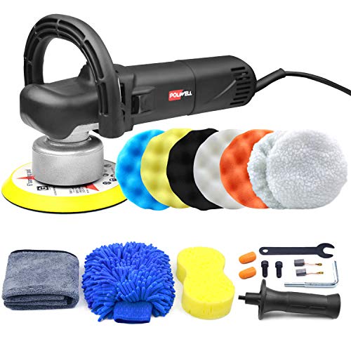 POLIWELL 6 Inch Polisher Dual Action Random Orbital Car Buffer Polisher Kit Detachable Side/D-Handle, Variable Speed, 5 Polishing Pads, 2 Bonnet Pads, Cleaning Set for Auto Washing, Buffing and Waxing
