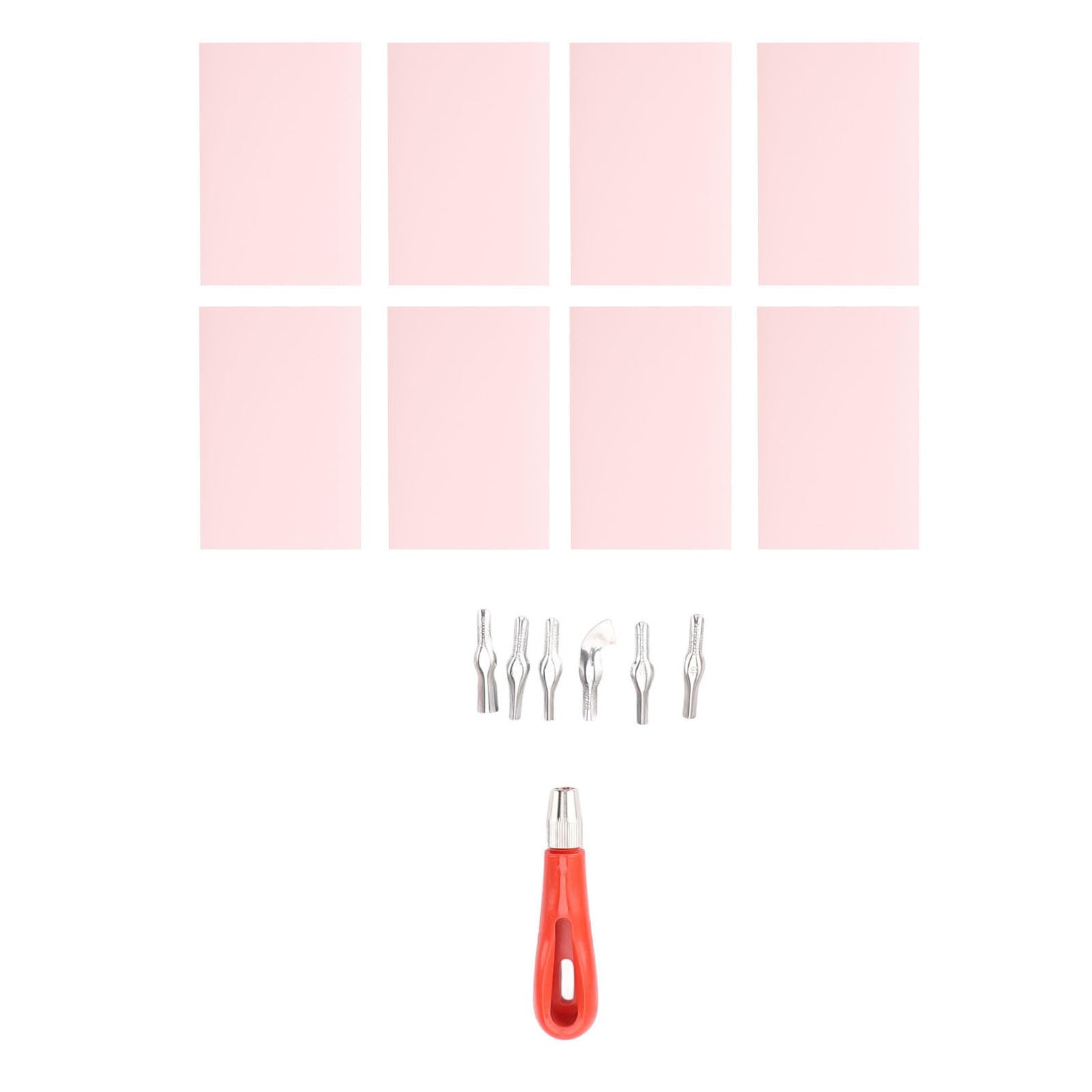 AMONIDA Linoleum-Schnitzwerkzeug-Set, 8-teilig, Rosa Gummiblöcke, Vielseitiges Linoleum-Schneidwerkzeug-Set, Linolschnitt-Schnitzwerkzeuge für Blockdruck, Druckzubehör