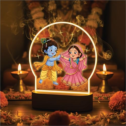 Image of Giftplease Little Krishna & Radha Full-Color LED Lamp - Cute Bal Gopal & Radha Rani Night Light with Warm Glow Base - Religious Home Decor, Janmashtami Gift & Kids Room Spiritual Bedside Lamp GL 16