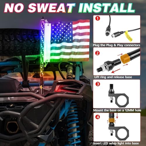 Image of LED Whip Lights, AKD Part 2PCS 2FT UTV ATV Lighted Whips Bluetooth APP /Remote Control RGB LED Whips Antenna Flags for UTV SXS Side by Side Trucks RZR Can-Am Kawasaki Honda Yamaha Accessories