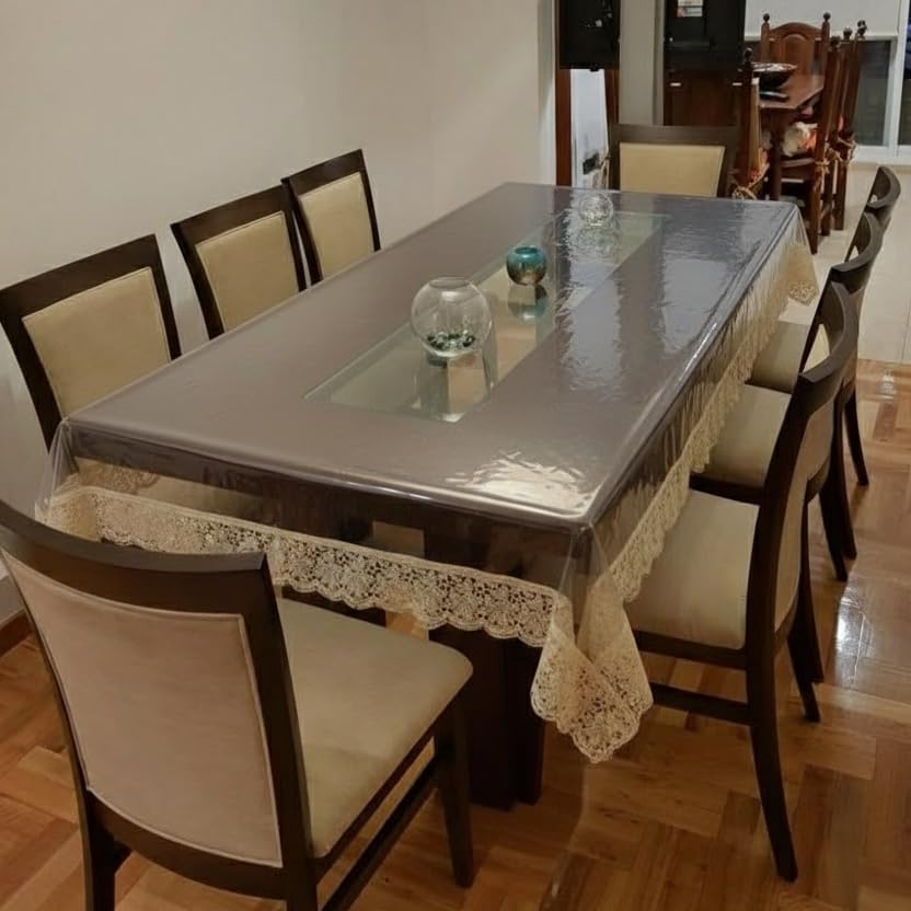 Premium High Thickness Transparent 6 Seater Dining Table Cover | Table Protector Sheet | Waterproof and Dustproof | Golden Lace Transparent Table Cloth | Rectangular Dining Table Cover (60x90 Inch)