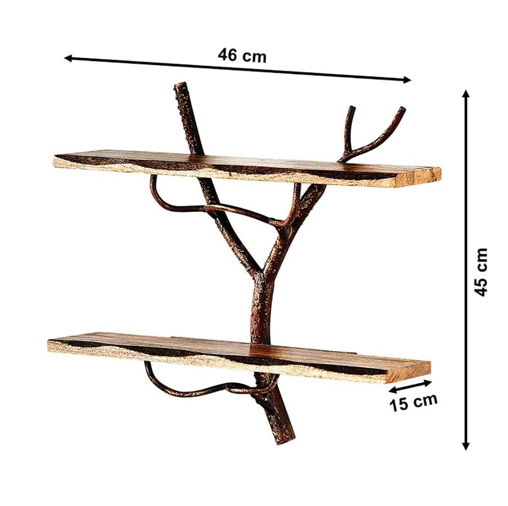 Kobolo Wandregal Hängeregal Bücherregal -AST Zweig- 2 Böden - 46x15x45 cm - Eisen Holz