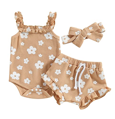 3pcs Toddler Girls Summer Outfits Ribbed Halter Crop Top Romper Bodysuit +Floral Bloomer Shorts+Headband Clothes Set
