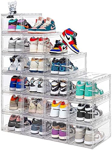 12 Pack Acrylic Clear Shoe Boxes– Ultra Clear Plastic Stackable Sneaker Storage For Sneakerhead. Professional Grade Shoe Display Case with Magnetic Door .Boots and Hat Organizer.Fits US Size 15