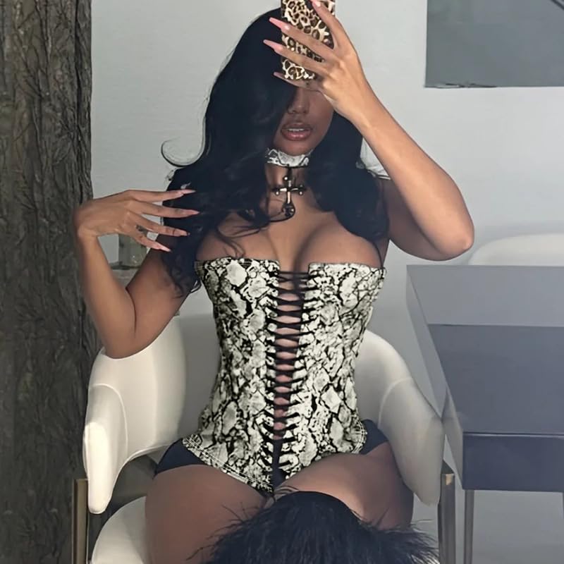 Molilove Womens Faux Leather Top Sexy Animals Print Bustier Corset Strapless Bandeau Sleeveless Party Crop Tube Top4