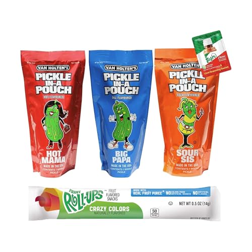 Van Holtens Pickle-In-A-Pouch Assorted Pack 306g Sour Sis Hot Mama & Big Papa Juicy Bold & Tangy American Style Pickles with Fruit Roll & Lime Seasoning - Unique Taste vs Standard Gherkins