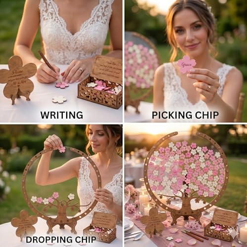 Image of Wedding Guest Book Alternative Wooden Cherry Blossom Tree Drop Chip Sign-In | Personalized rustic sakura heart drop box keepsake for spring weddings, holds 40-250 guest wooden hearts as sign-in decor