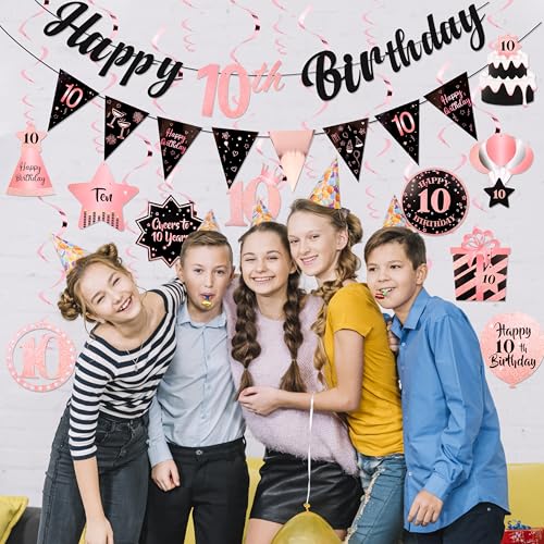 Image of 10th Birthday Decorations for Girls Rose Gold Pink Pre Strung Happy 10th Birthday Banner and Hanging Swirls 10 Year Old Party Decorations Supplies