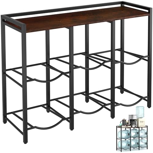 5 Gallon Water Jug Holder for 6 Bottles With Rustic Brown Wood Top Shelf - Heavy Duty Dispenser Stand for Home Kitchen/Office/Living Room