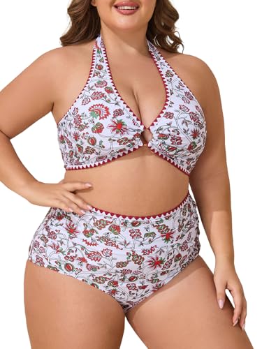 Summer Mae Plus Size Swimsuit for Women Halter Bikini Top Shell Stitched Two Piece High Waist Bathing Suit Sexy Swimwear