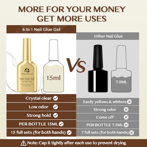 Image of UNA GELLA 6 in 1 Gel Nail Glue for Clear Acrylic Nails Tips, 2Pcs 15ml Super Strong Brush U V Nail Glue Long Lasting Lamp Curing Required for Fake Nails Tips