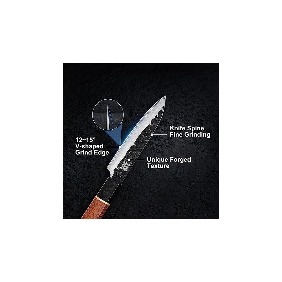 ENOKING-Japanese-Paring-knife45-Inch-Professional-Utility-Knife-5-Layer-9CR18MOV-Clad-Steel-for-Fruits-VegetablesSuper-Sharp-Utility-Knife-with-Ebony-Bolster-African-Rosewood-Handle ENOKING Japanese Paring Knife 4.5 Inch, High Carbon Steel Hand Forged Japanese Knife, 5 Layers 9CR18MOV Kitchen Chef Knife, Fruit Knife with Octagonal Rosewood Handle