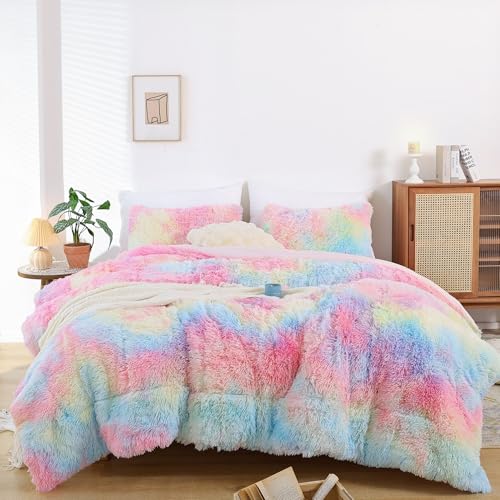 Smoofy Fluffy Twin Comforter Set, Faux Fur Comforter Set, Luxury Fuzzy Twin Bedding Set, Soft Shaggy Bed Set for All Season, 2 Pieces - 1 Comforter & 1 Pillowcase, Tie-Dye Pink
