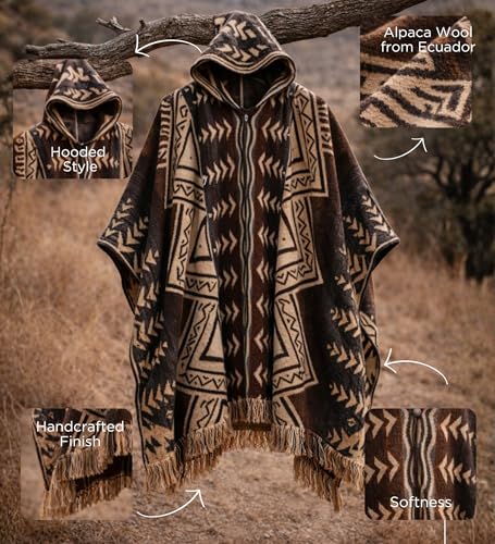 Image of Gamboa Alpaca Wool Mexican Poncho with Hood for Men Hoodie Pancho Mens Western Hooded Serape