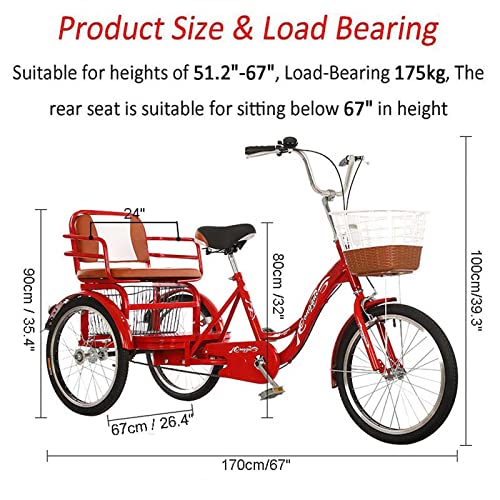 Triciclos para adultos - Bicicleta plegable de 3 ruedas con asiento trasero y canasto de compras, bicicletas de tres ruedas de 20", triciclo de crucero con doble cadena, para mujeres / adultos mayores / padres, carga máxima 386 lb, color rojo miniatura 3