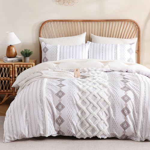 Image of MOVE OVER 100% Cotton Tufted Duvet Cover Set King Light Brown Textured Bedding Set 3 Pieces Modern Neutral Style Chenille Tufting Comforter Cover Set with Matching Pillowcases