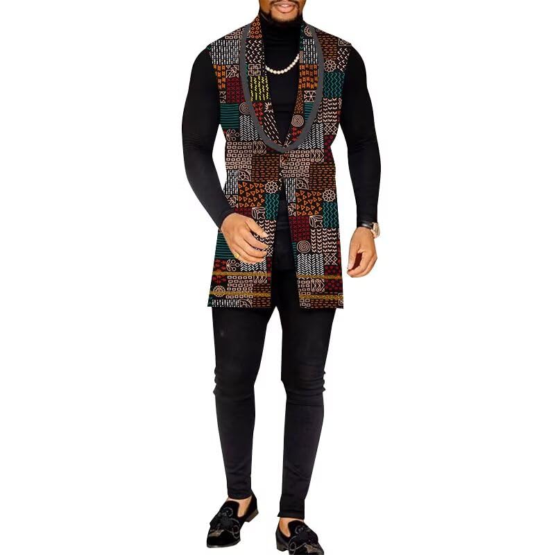 Premium Men’s Vest African Kente Long Vest Outfit V Neck One Button
