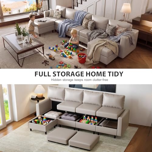 Image of ABCASA Oversized Modular Sectional Sofa, 118.5 inch Faux Leather 6 Seater U Shaped Couch with Movable Ottoman and Storage Seat with Reversible Chaise Deep Seat for Living Room Whitesand
