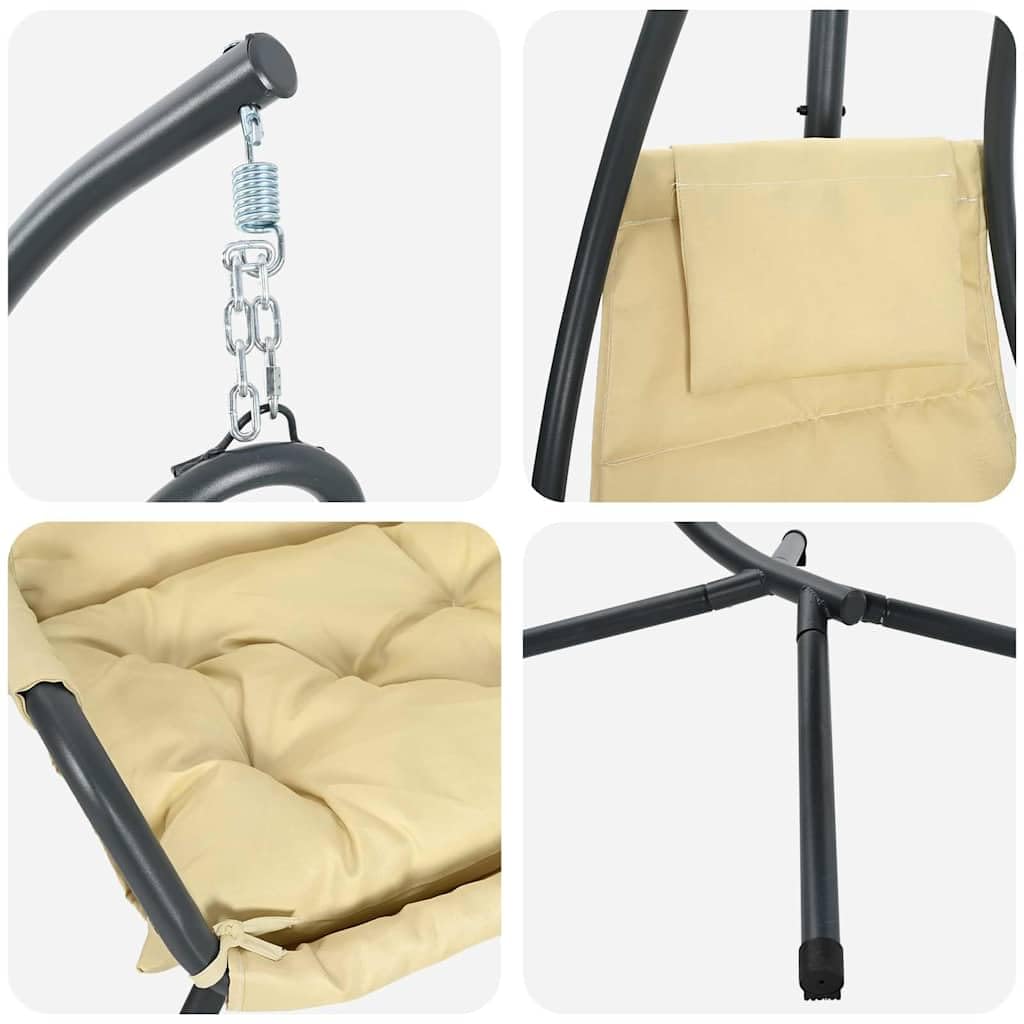 Silla colgante de huevo beige, 94 x 107 x 196,5 cm, silla colgante de acero para sala de estar, balcón, exterior o interior, mecedora, sillón, adulto