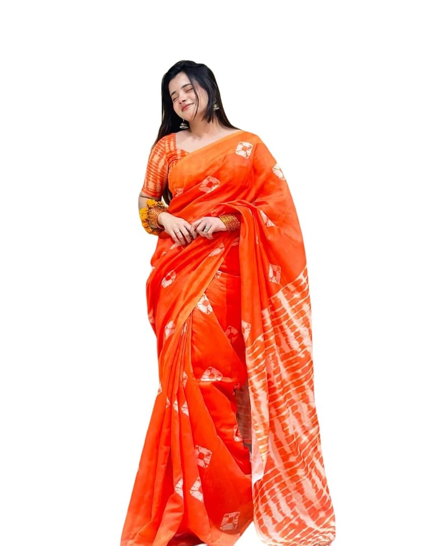 Orange Linen Tie-Dye Saree for Women with Multicolor Pallu & Blouse-image-26