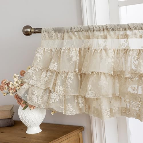 Beige Lace Ruffle Valance for Windows 1 Panel W52 x L18 Inch Rustic Floral Cottagecore Sheer Valance for Kitchen Window Over Sink Rod Pocket Bathroom Privacy Short Ruffled Curtain 18 Inch Length