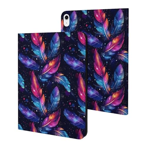 Housse iPad Pro 11 2025 et iPad 10e génération à motif plumes colorées avec support