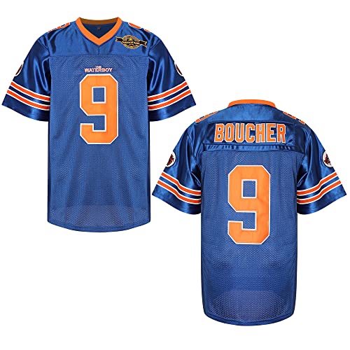 Bobby Boucher Football Jersey 9 The Waterboy Adam Sandler Mud Dogs Bourbon Bowl Movie Jersey White Black Blue Orange S-3XL (Large 9 Blue)