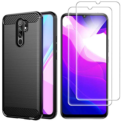 AOYIY Funda Xiaomi Redmi 9 con Protector de Pantalla, Funda TPU de Silicona Suave y Delgada + [2 Piezas] Protector de Pantalla de Vidrio Templado para Xiaomi Redmi 9 (Negro)