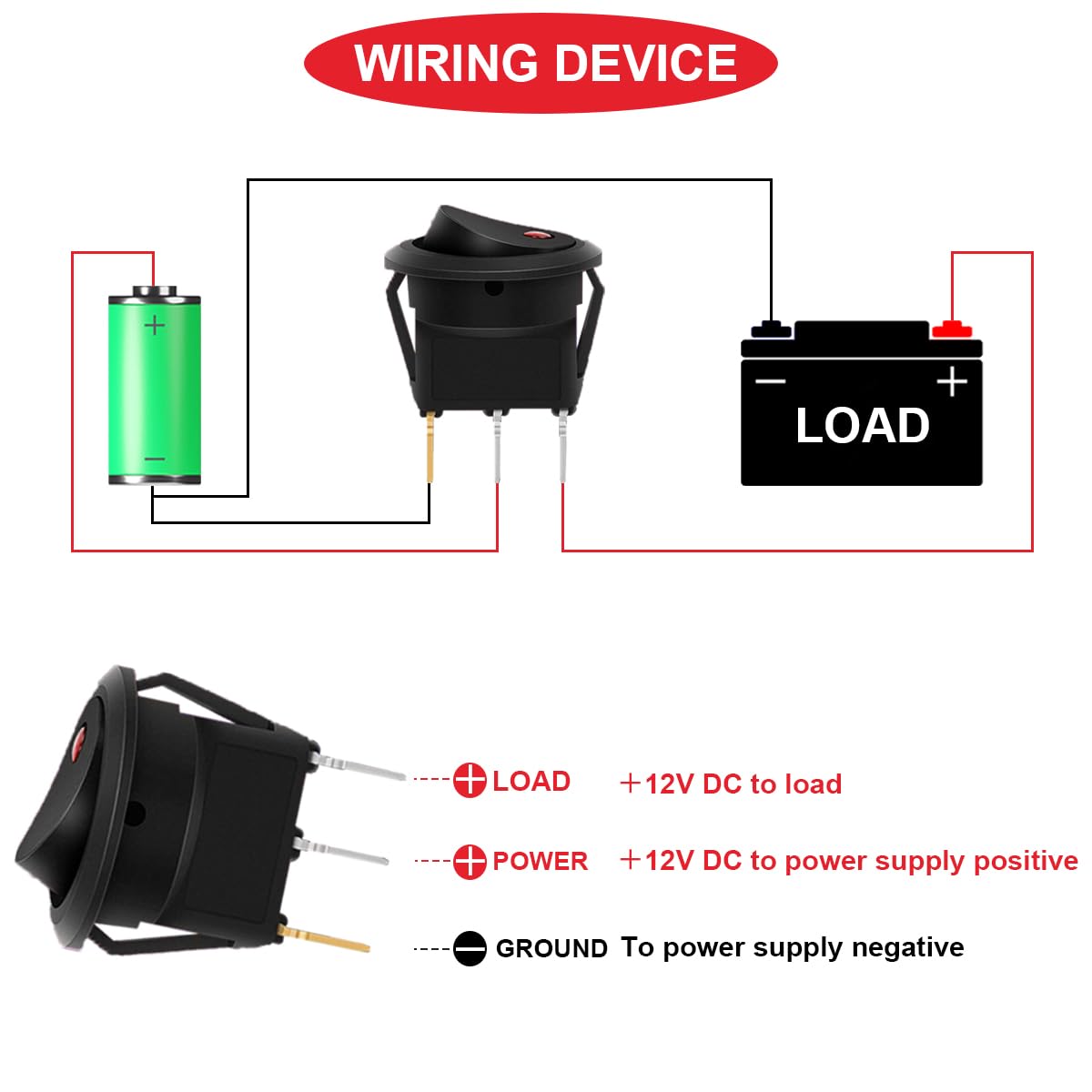 1 czerwony przełącznik kołyskowy LED DC 20A 12V/10 A 24V 3-pinowy z przewodem LED SPST Podświetlany przełącznik kołyskowy z zablokowanymi przewodami zacisków do samochodu