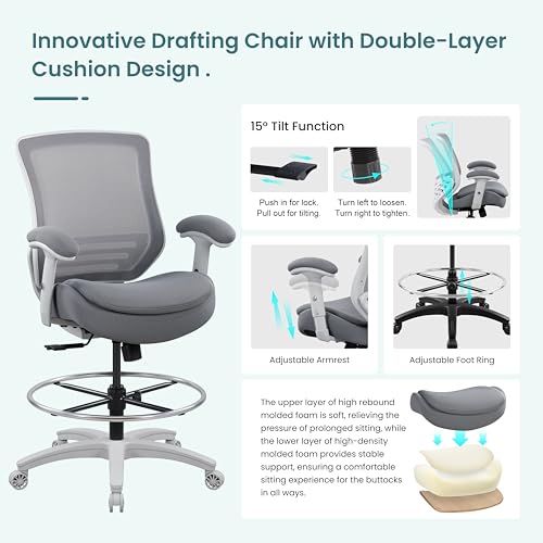 Image of BOLISS 400lbs Mid Back Mesh Ergonomic Office Drafting Chair Big Adjustable Foot Ring Height Adjustable Armrest (Grey)