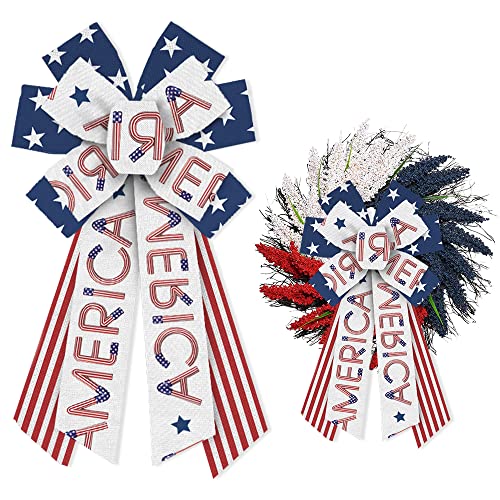Estivaux Large 4th of July Bows for Wreath, Patriotic Wreath Bows American Stars Bow Blue Red White Burlap Craft Bow Memorial Day Farmhouse Bows for Front Door Decorations