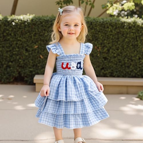 Toddler Girl Dresses 4th of July Smocked Dress Sleeveless Ruffle Layered Plaid Summer Sundress Patriotic Clothes2