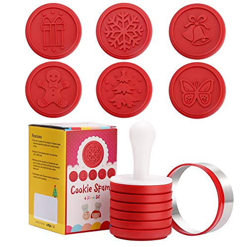 Juego de sellos de silicona para galletas de Navidad, incluyendo campanas, hombres de jengibre, árboles, mariposas, copos de nieve y regalos, diseño partido, galleta molde gofrado (Navidad rojo)