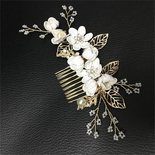 Peine para cabello de novia con perlas y flores blancas miniatura 1