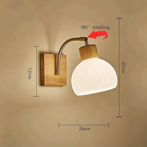 Miniatura 3 de Nordic Ribbed Milk White Glass Wall Sconce with Vintage Wood Base Adjustable Angle Lighting for Living Room Balcony E26E27 Base(Square Base)