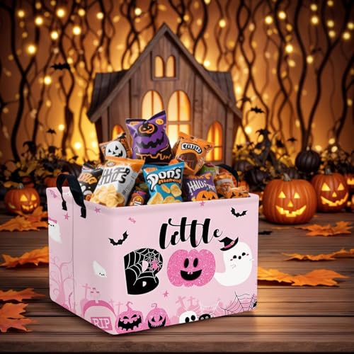 Image of Halloween Basket Gift Cute Pumpkin Ghost Parties Decor Kid Trick or Treat Basket for Boys and Girls Rectangular Storage Bin Box (Pink)
