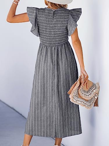 Image of CUPSHE Women's Summer Dress Square Neck Striped Smocked Dress Ruffled Cap Sleeves Dress A Line Maxi Formal Dress