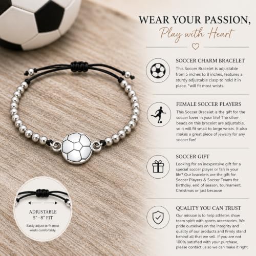 Image of Sportybella Soccer Bracelet, Soccer Jewelry, Adjustable Silver Beads on Black Strings Soccer Bracelet, Soccer Gifts For Women