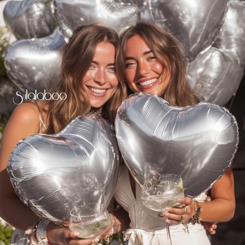 Image of 15Pcs Silver Heart Foil Balloons 18 Inch Helium | Heart Shaped for Valentines Day Engagement Anniversary Birthday Bridal Wedding Party Decorations